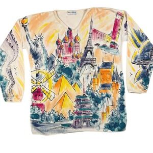 Kolorway Vintage V-Neck Sweater Women L Multicolor World Landmarks Print